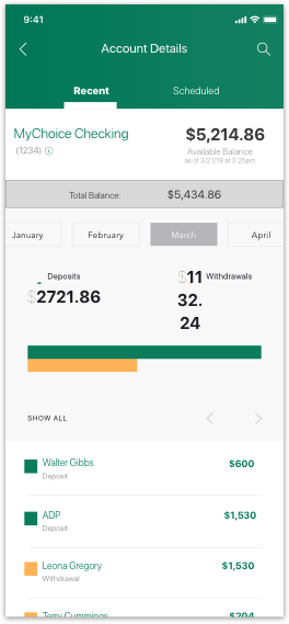 Selected M&T mobile banking app screen showing the unified search and transaction-history flow.