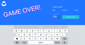 WeMake empathy-game game-over screen with score, leaderboard reference, and share affordance.