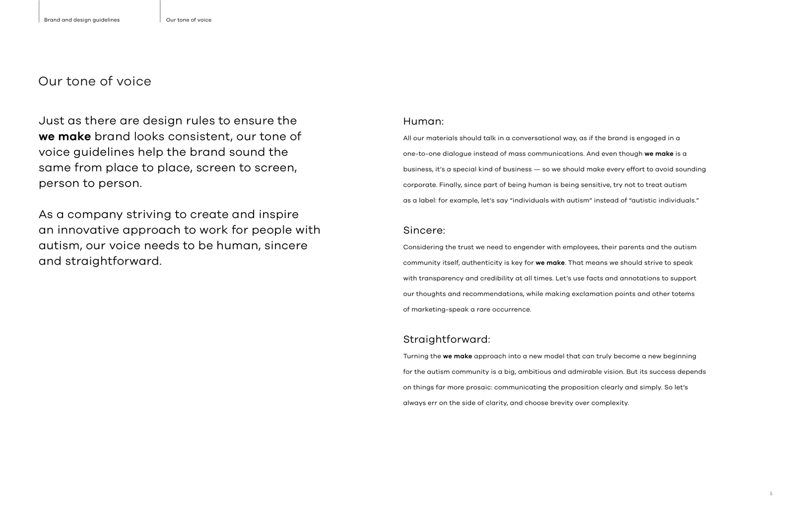 Interior spread of the WeMake comprehensive brand book showing brand voice and tonal guidelines.