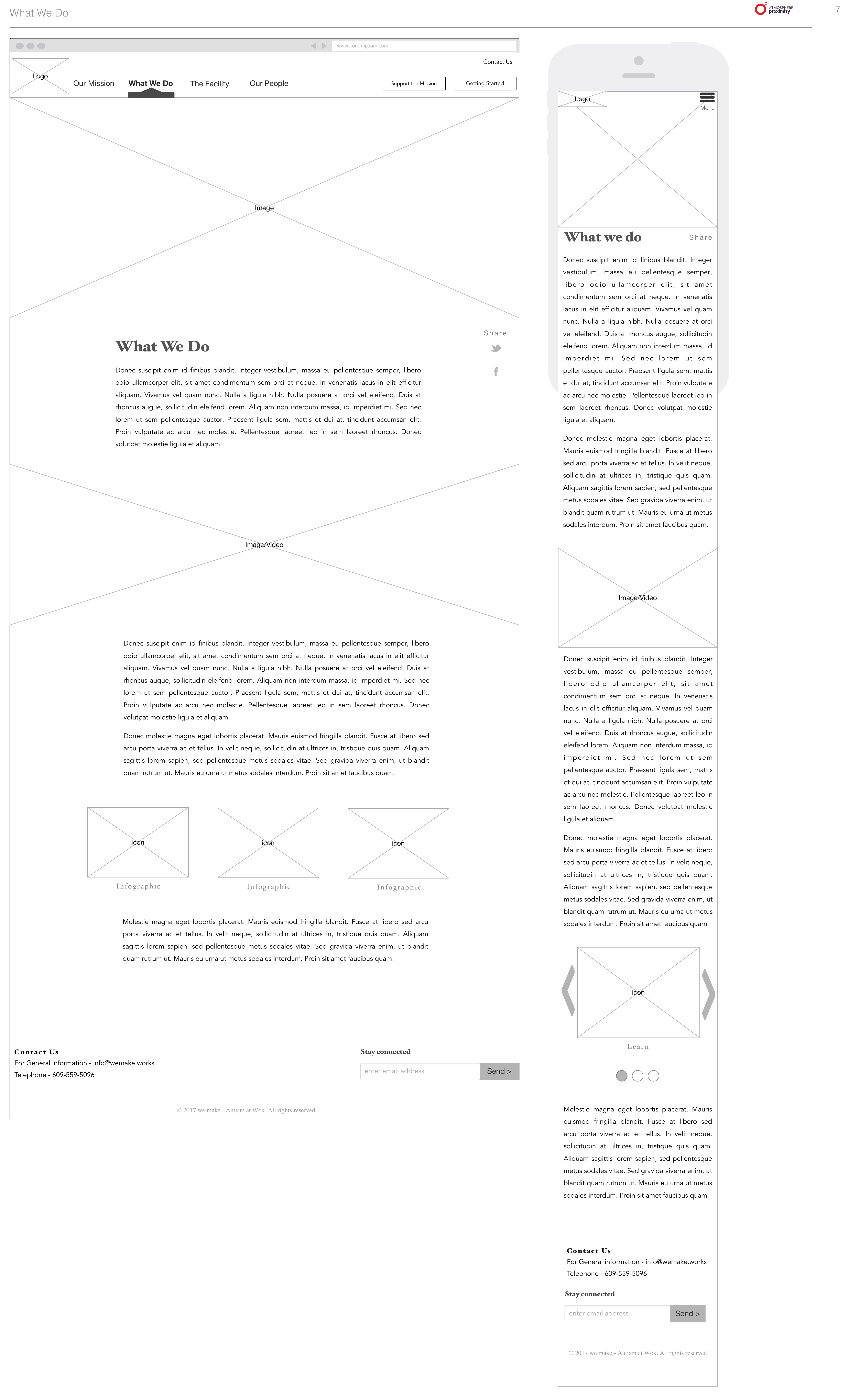 WeMake 'What We Do' page wireframe V1.0, October 2017. Desktop layout with hero image block, primary body copy, secondary image/video, supporting body copy, and a three-card infographic row at the bottom. Shown alongside the mobile layout with infographic carousel.